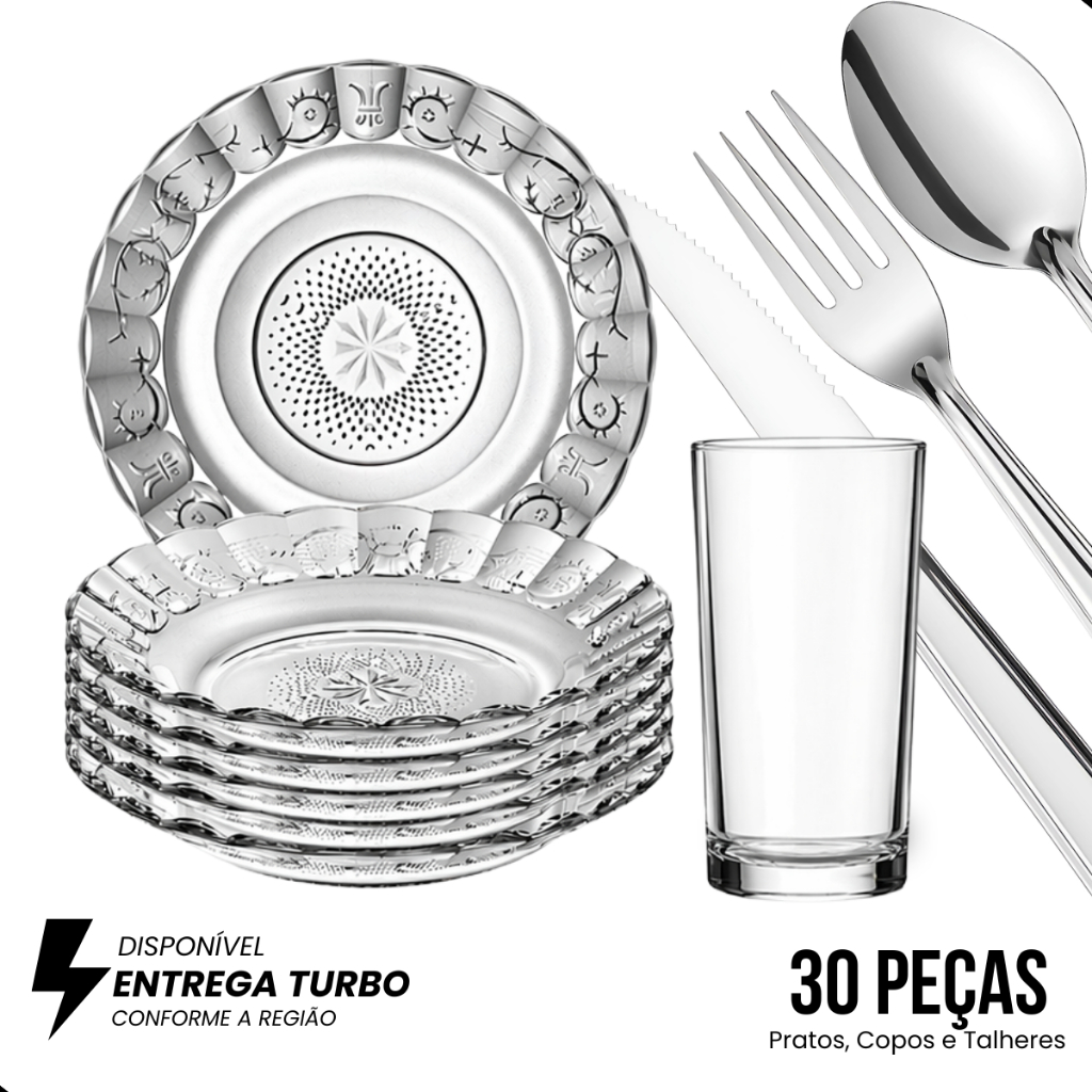 Jogo De Pratos Fundos E Copos C/30 Peças Aparelho de Jantar Em Vidro Com Talheres