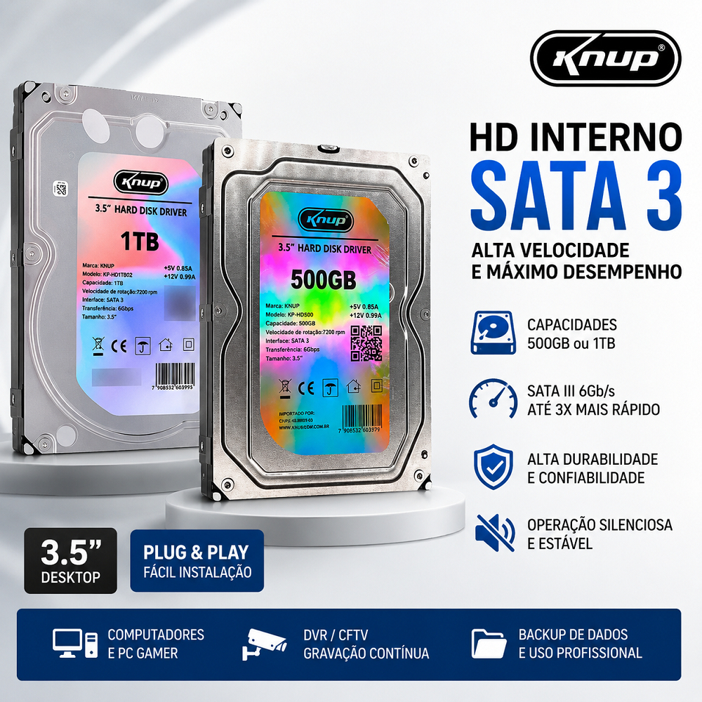 HD Interno Disco Rígido SATA 3 500GB / 1TB 3.5" Knup Computador