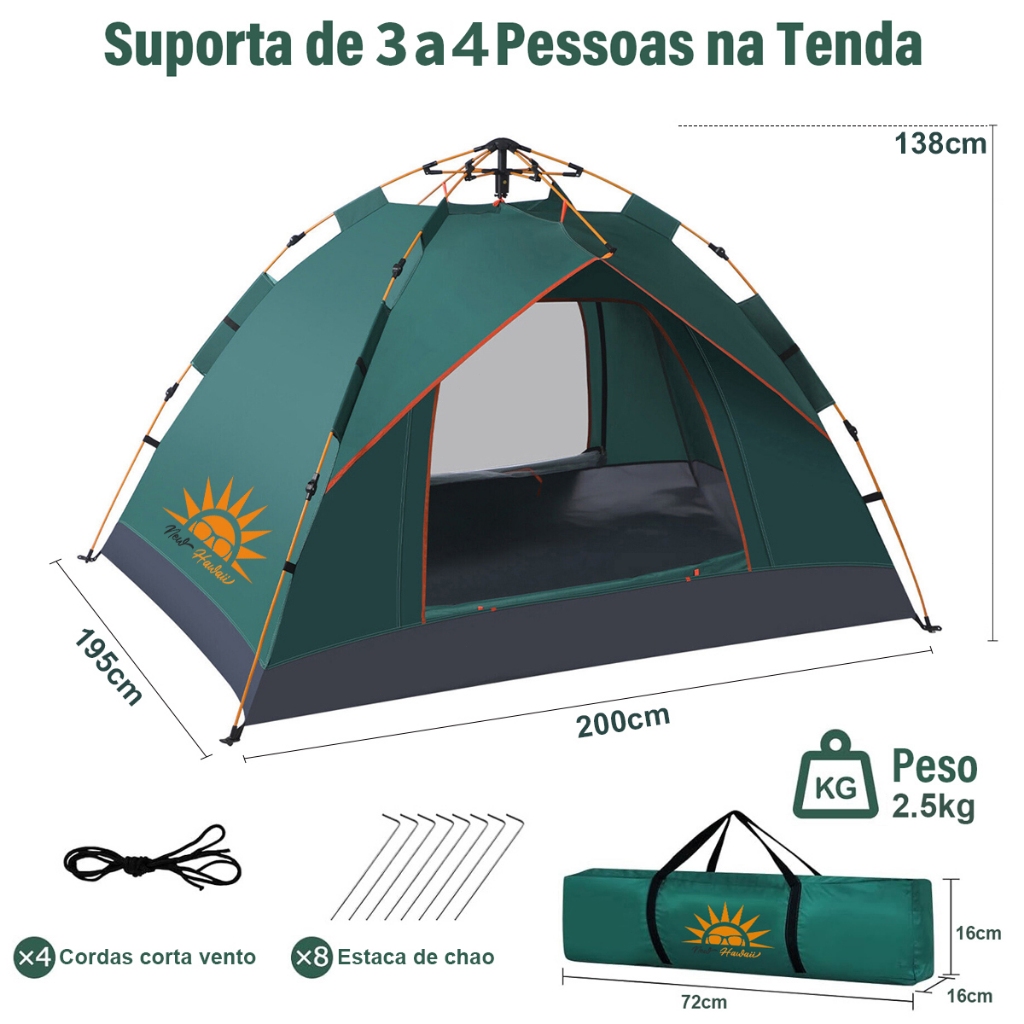 NEW HAWAII Barraca de Camping Automático 3-4 Pessoas Prova d'água,Barraca Acampamento 210*210*138cm