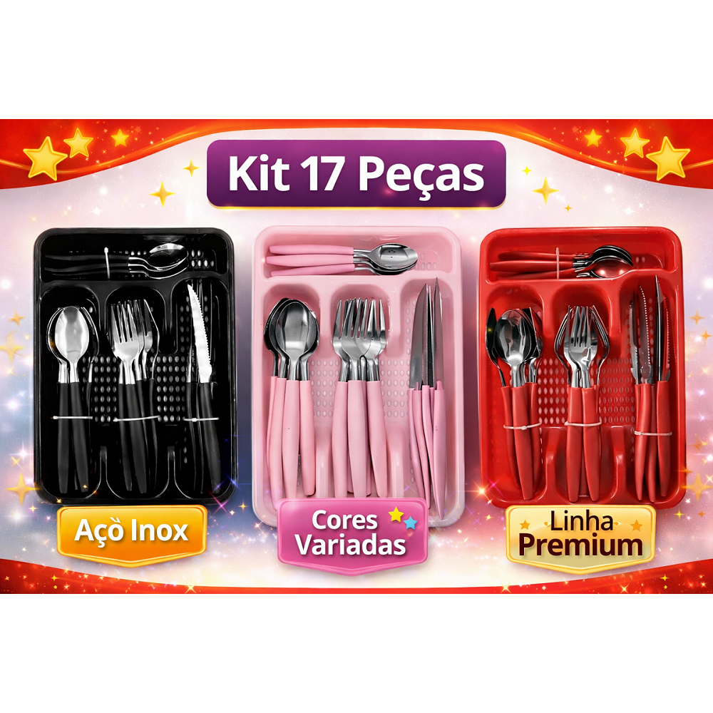 Kit Conjunto Talher Faqueiro com até 17 Peças Aço Inox Cozinha Com Suporte Para Gaveta - Preto - Vermelho - Rosa