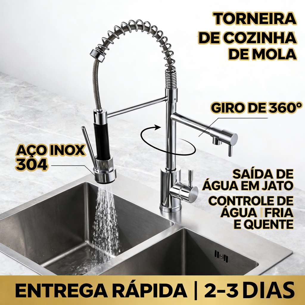 Torneira de Cozinha de Bancada Mola Retrátil Aço Inox 304 Cromada Monocomando Água Fria e Quente Spray 360°