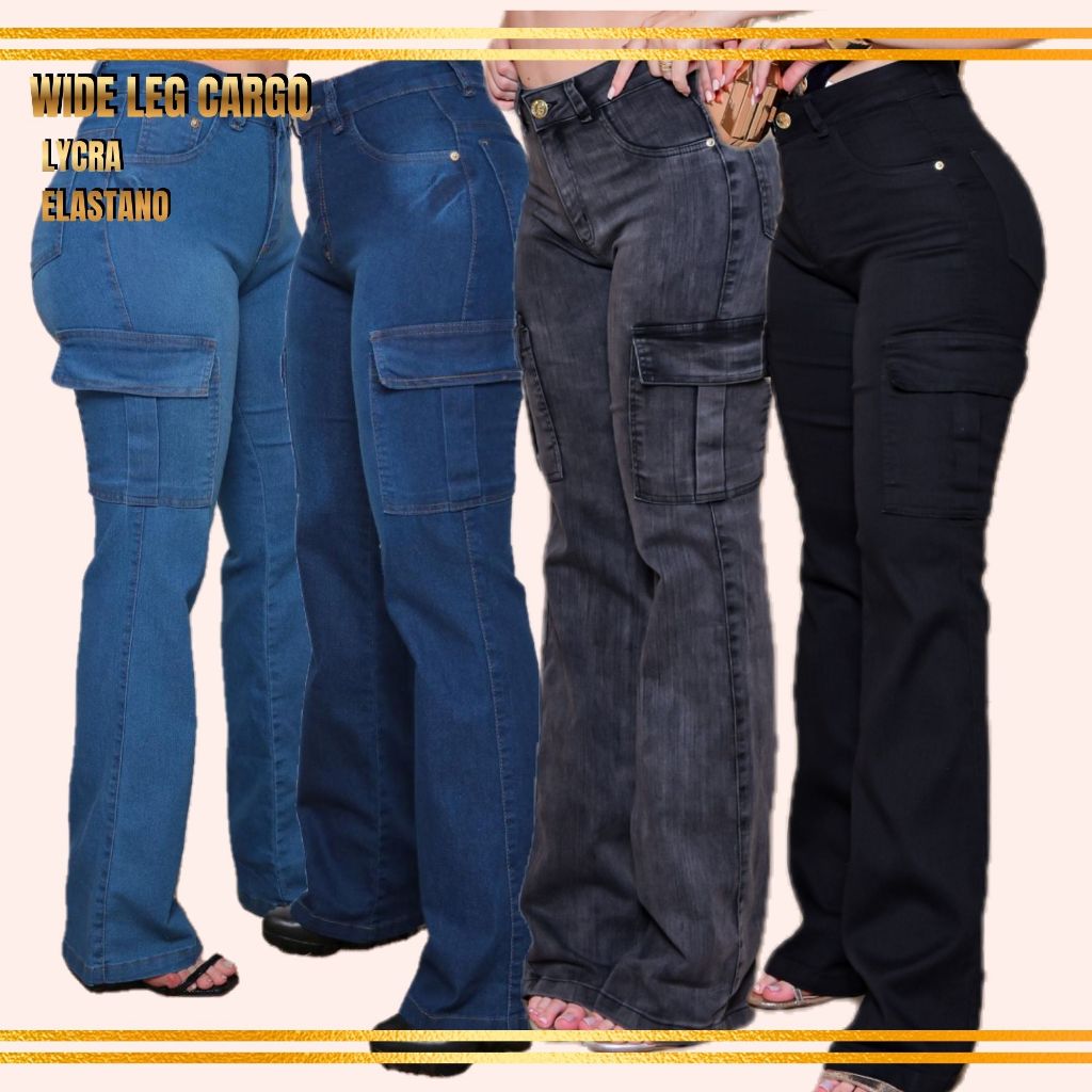Calça Jeans Feminina Wide Leg Cargo Cintura Alta com LYCRA Elástano conforto e moda PREMIUM 36 ao 54 PLUS