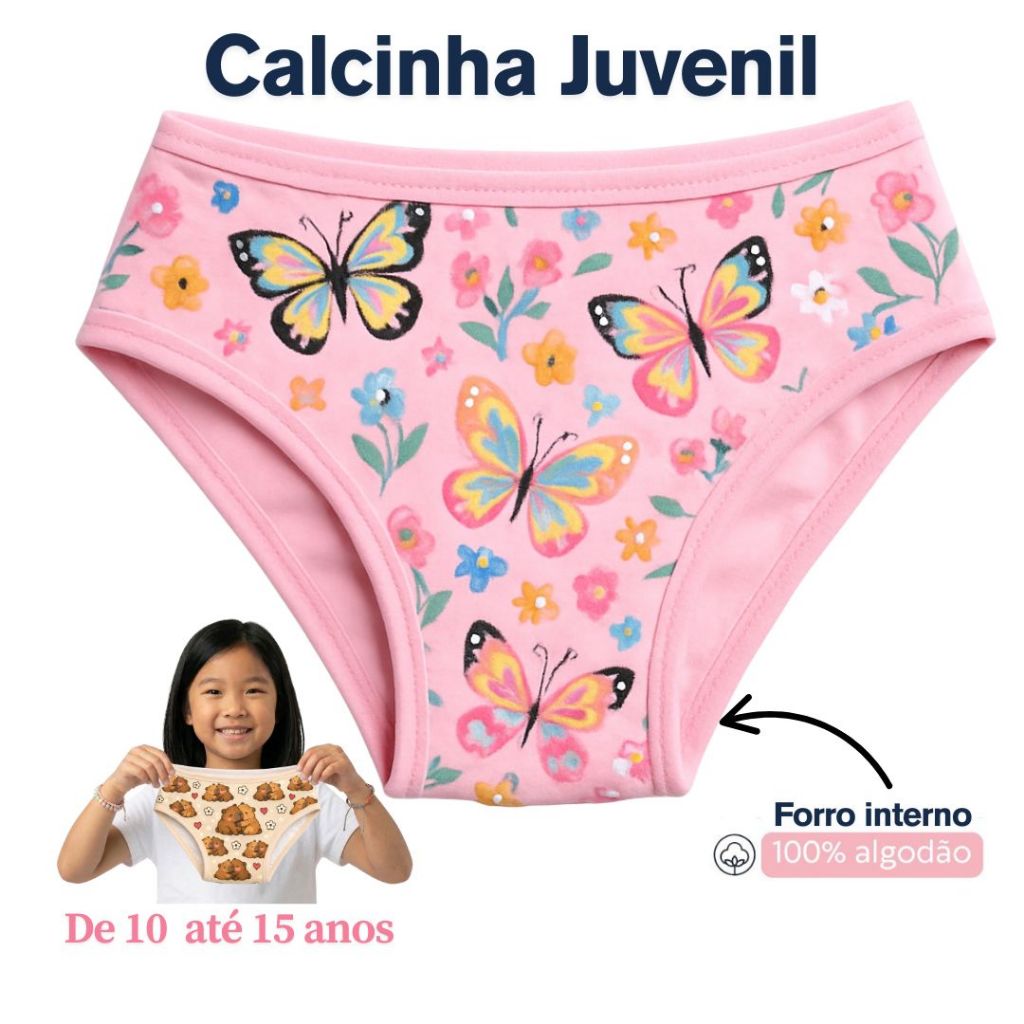 Kit 8 e 4 Calcinhas Juvenil Para Adolescente até 15 Anos Forro 100% Algodão Estampada