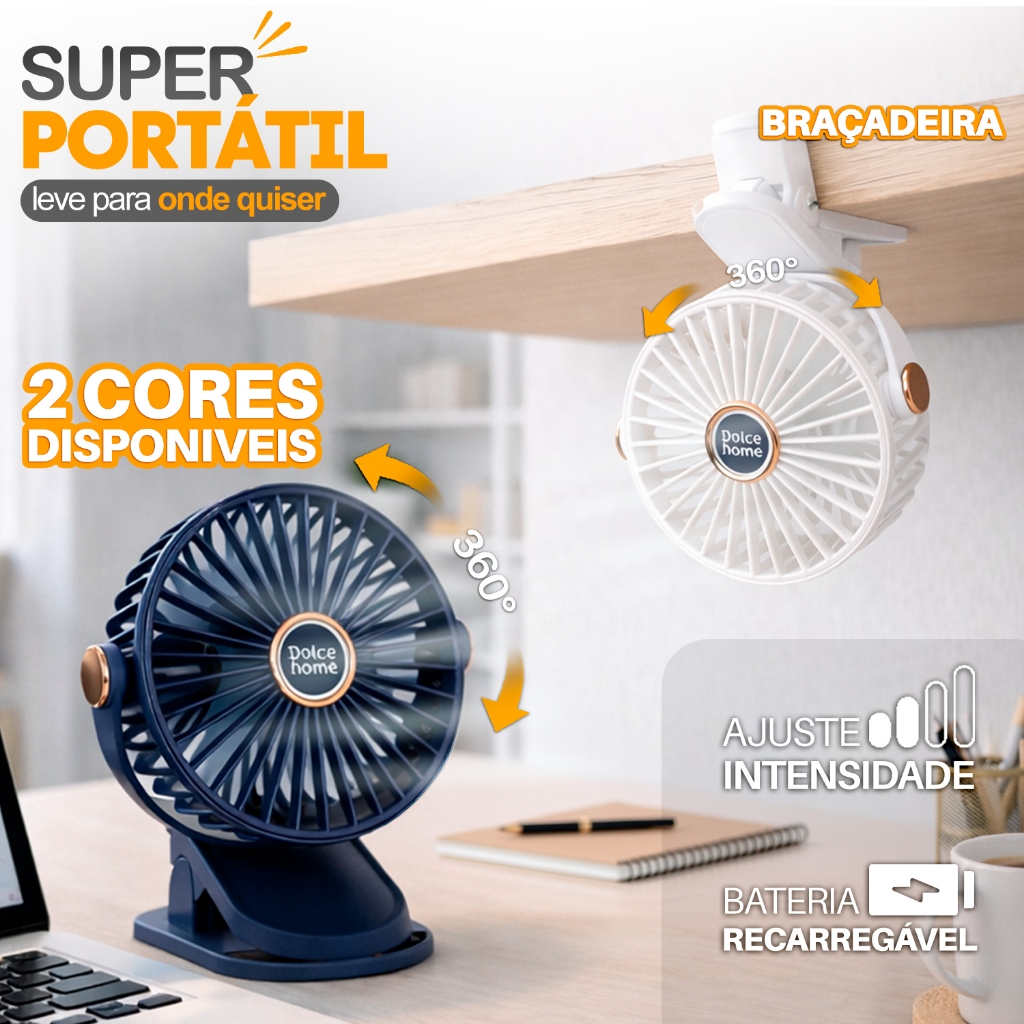 Ventilador Portátil USB com Clip Recarregável 5 Velocidades Silencioso Mesa Berço