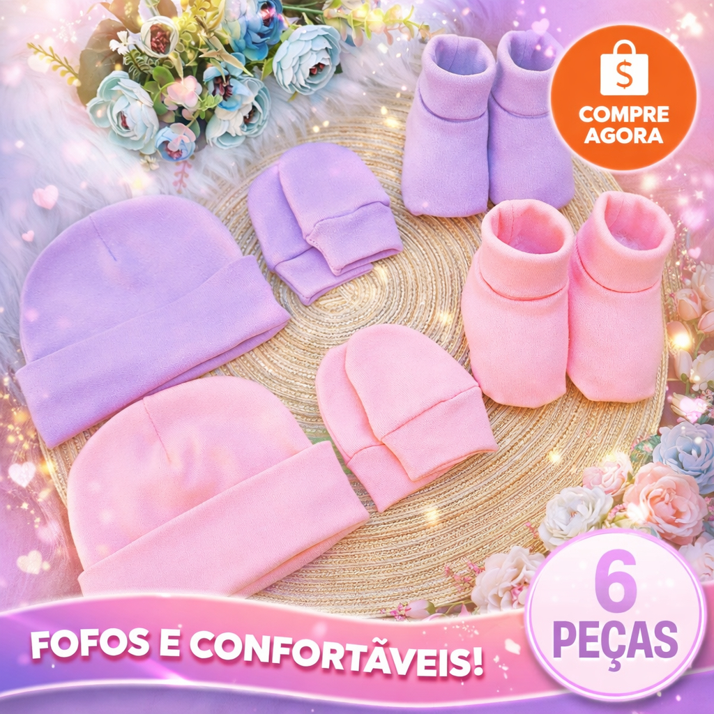 Kit Touca Luva e Sapatinho Pantufa Bebê RN Algodão Maternidade Enxoval