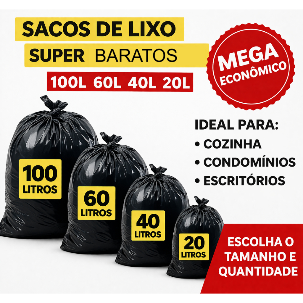 Saco de Lixo Preto Cozinha Banheiro 20 40 60 100 Litros resistente