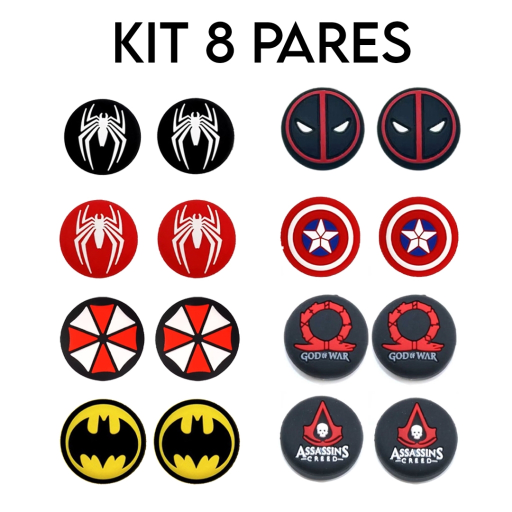 Kit 4 Pares 8 unidades de Grip Silicone Estampado Botão Ps4 Ps5 Xbox 360 Xbox One Xbox Series S/X Wii Switch 2