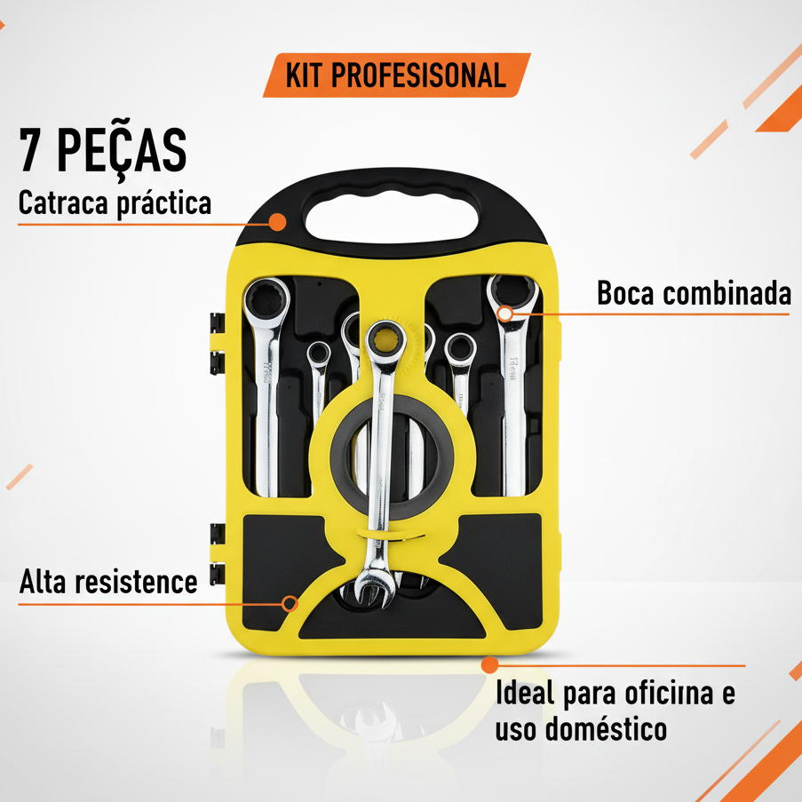 Kit 7 Peças Chave Ferramenta Combinada Catraca Boca Profissional, Entrega rápida
