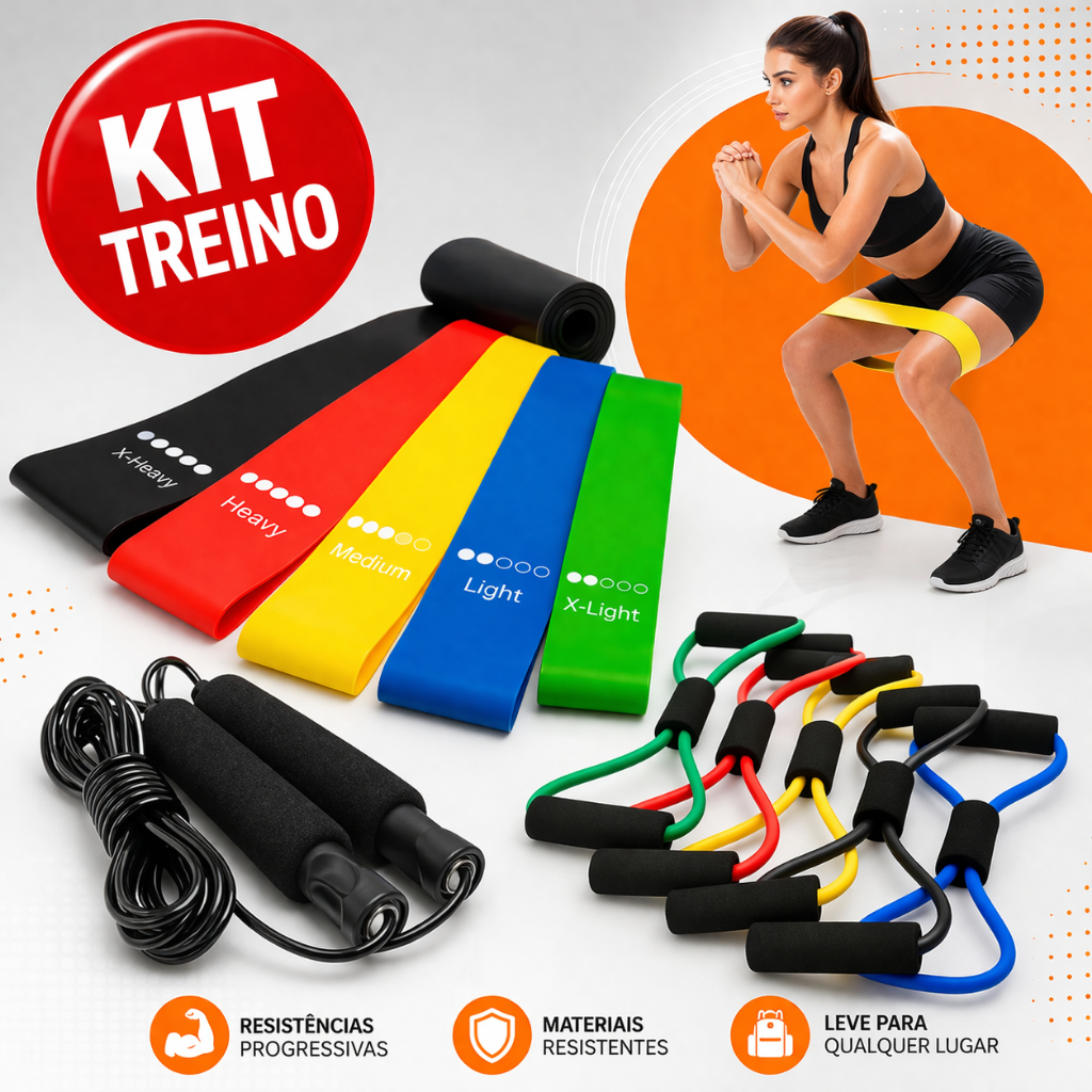 Kit Treine Em Casa Completo Elástico Extensor Cross Tube + Kit com 5 Faixa + Corda de Pular