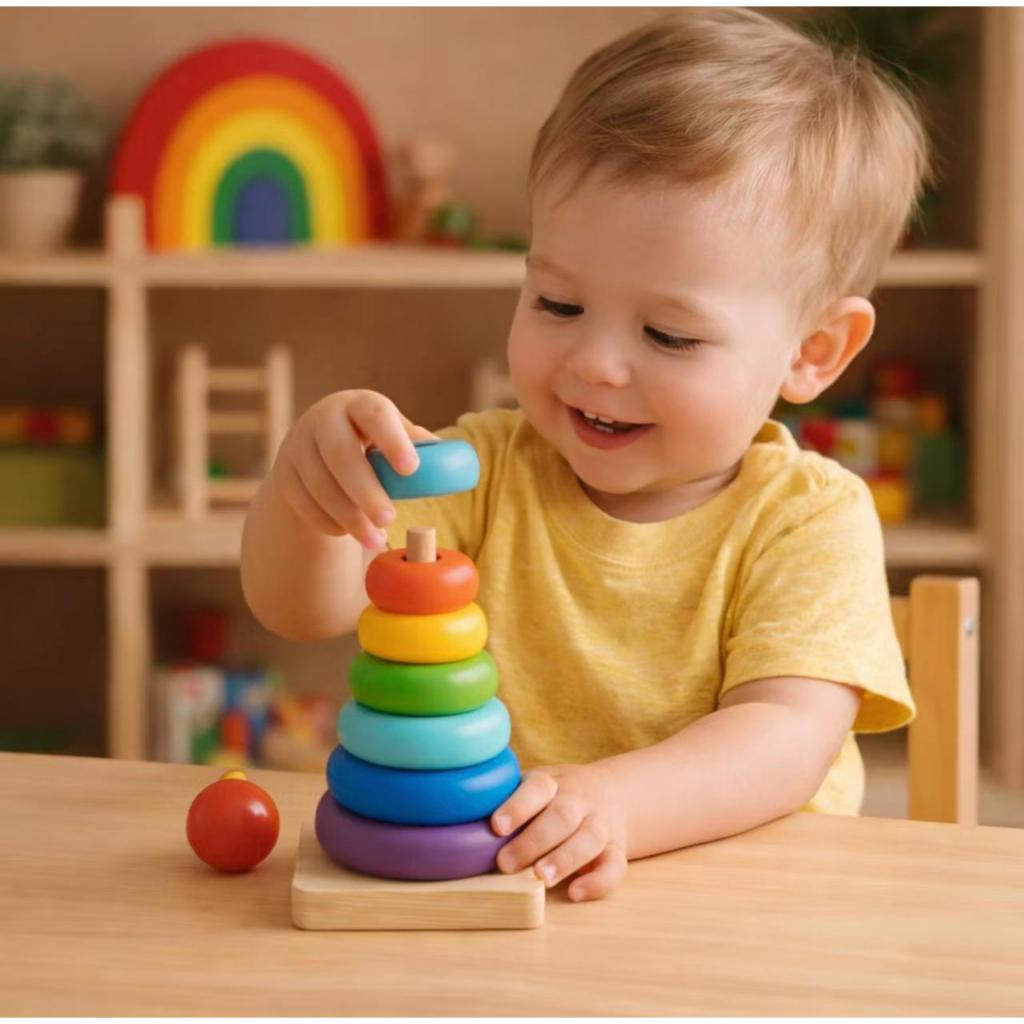 Brinquedo Educativo Montessori Torre Colorida Coordenação MDF Empilhar Brinquedos Formas