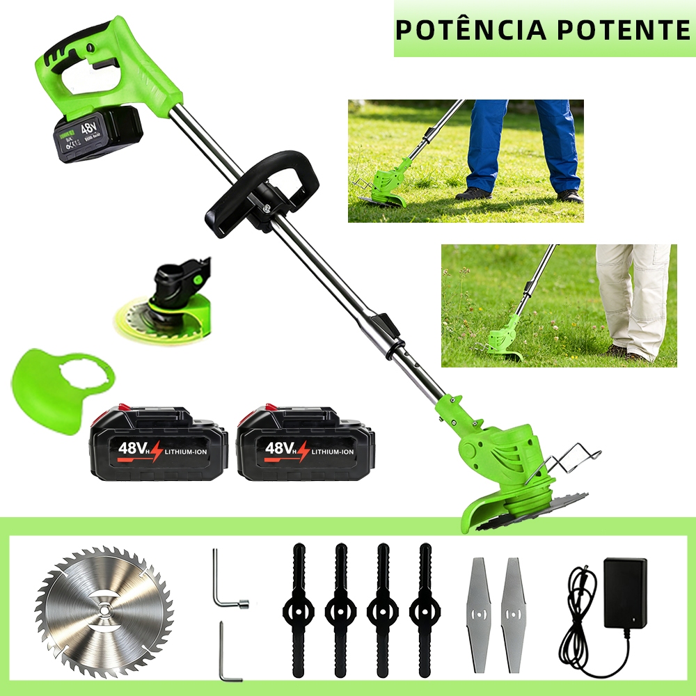 Potente Cortador de Grama Sem Fio 21V-48V | Bivolt + 2 Baterias Recarregáveis | Jardins, Lajes e Espaços Pequenos