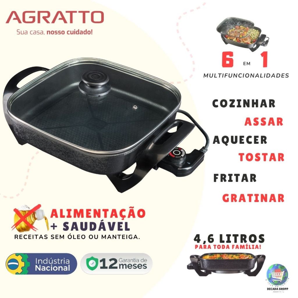 Panela Elétrica 1500w 4,6L Quadrada Agratto Mangiare Antiaderente Assar Cozinhar Fritar 110v ou 220v