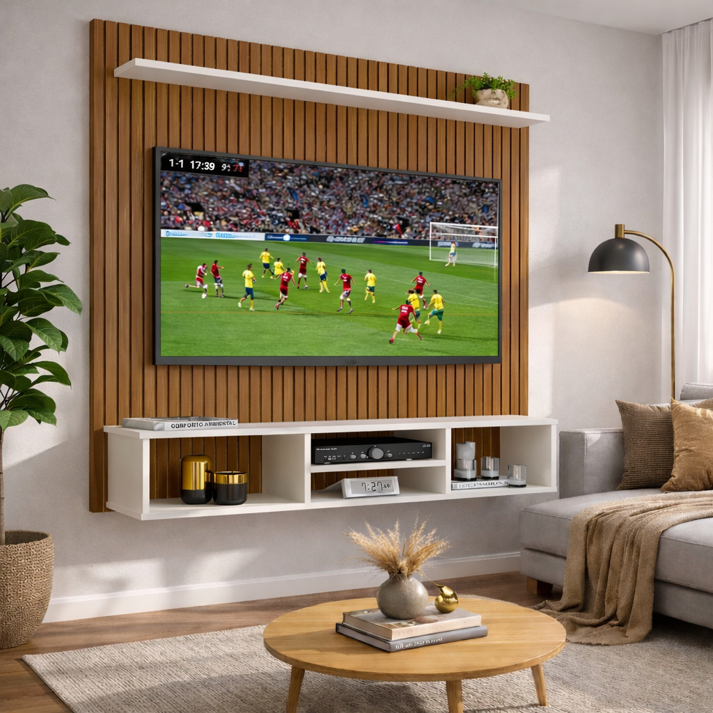 Painel Ripado para TV até 60 Polegadas com Nicho Organizador Prateleira Decorativa Quarto Sala Home