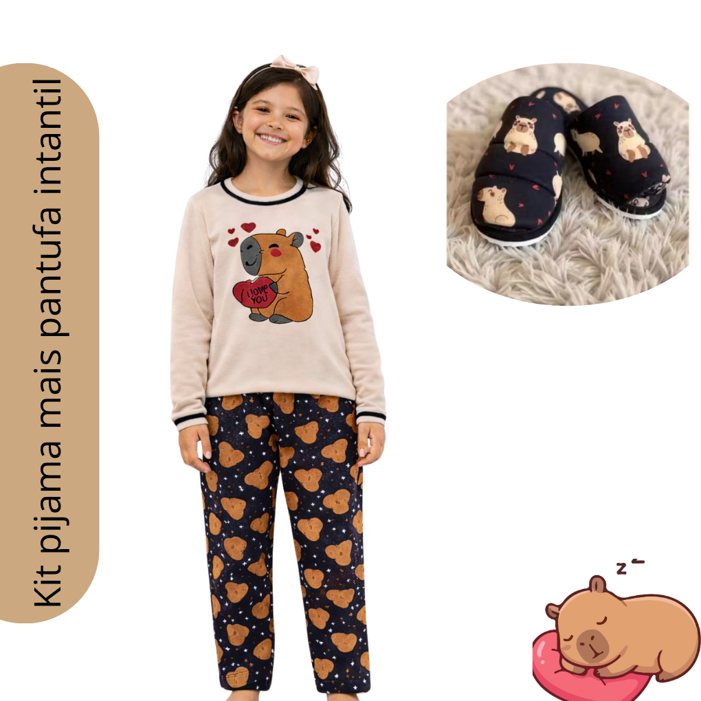 Kit 1 pijama infantil feminino longo + 1 pantufa infantil chinelinho de quarto inverno Pijama de Calça Capivara