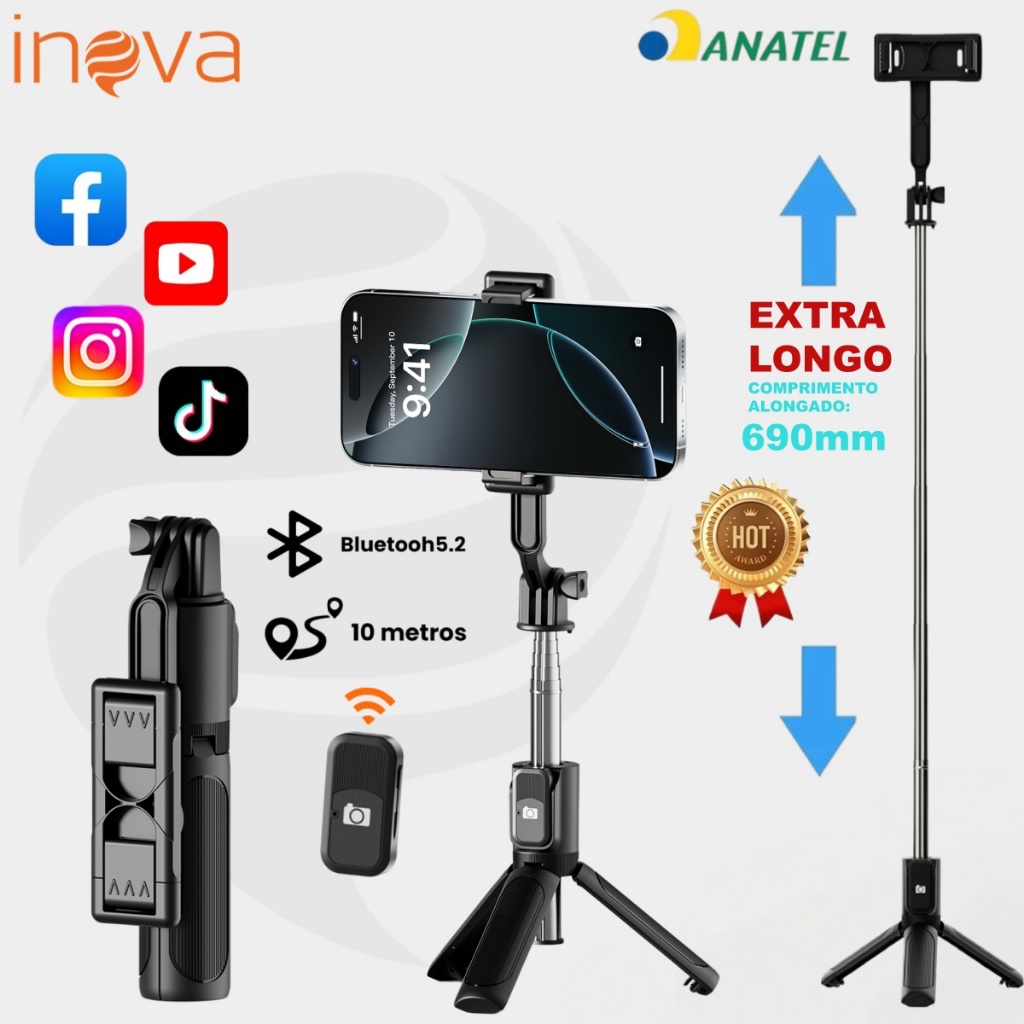 INOVA Suporte Tripe Selfie Bluetooth, Rotação 360°, Comprimento 690MM Leve e Resistente