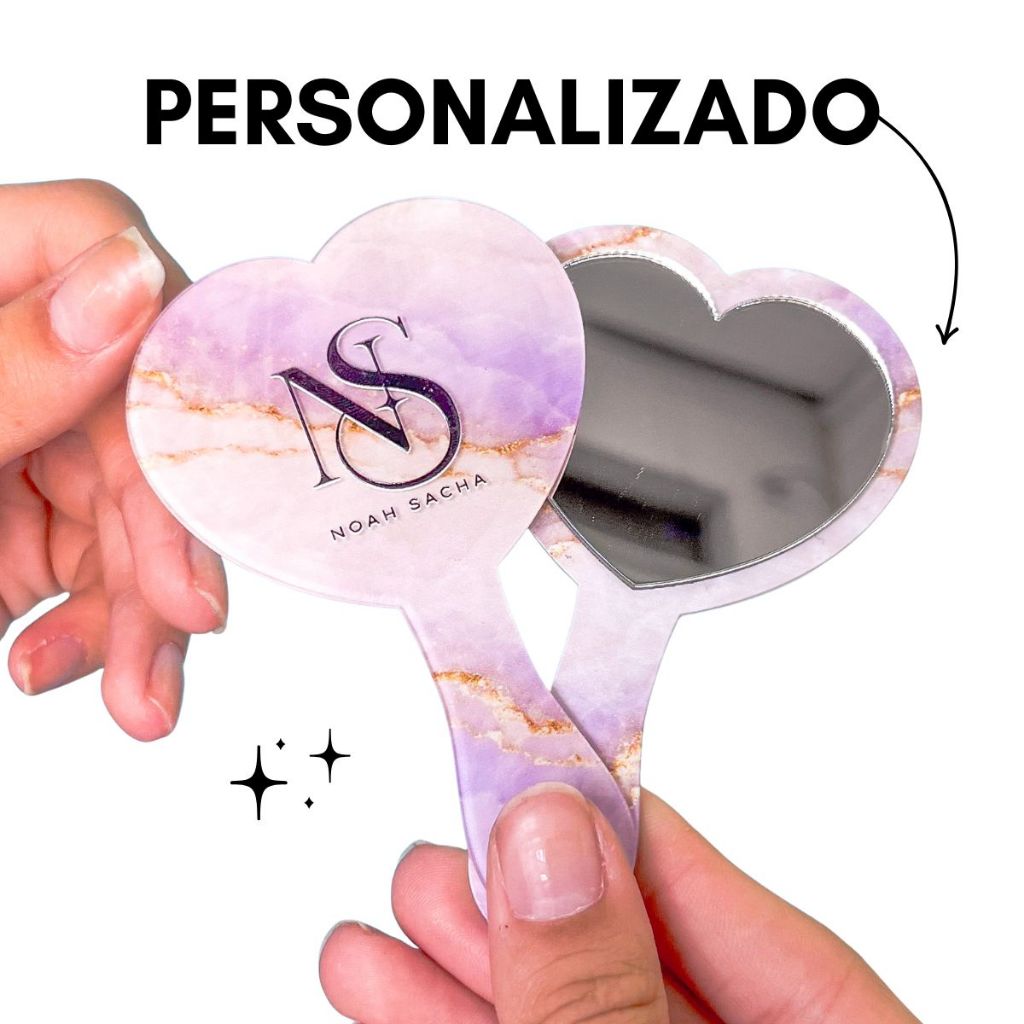 10un Espelho de Bolsa Personalizado Logo  Coração Acrílico Mini com Cabo Brinde Cliente