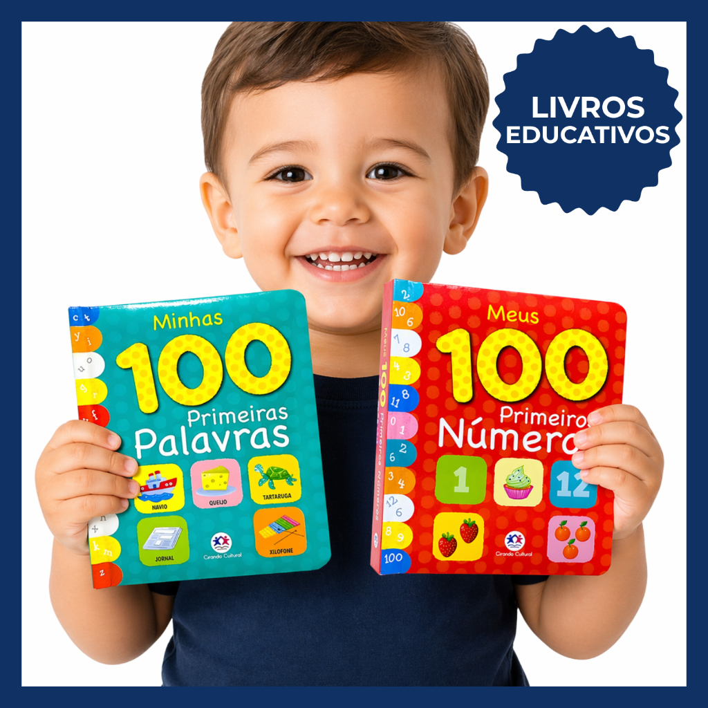 Kit 2 Livros Infantil 100 Palavras e 100 Números – Almofadado Cartonado Educativo para Alfabetização