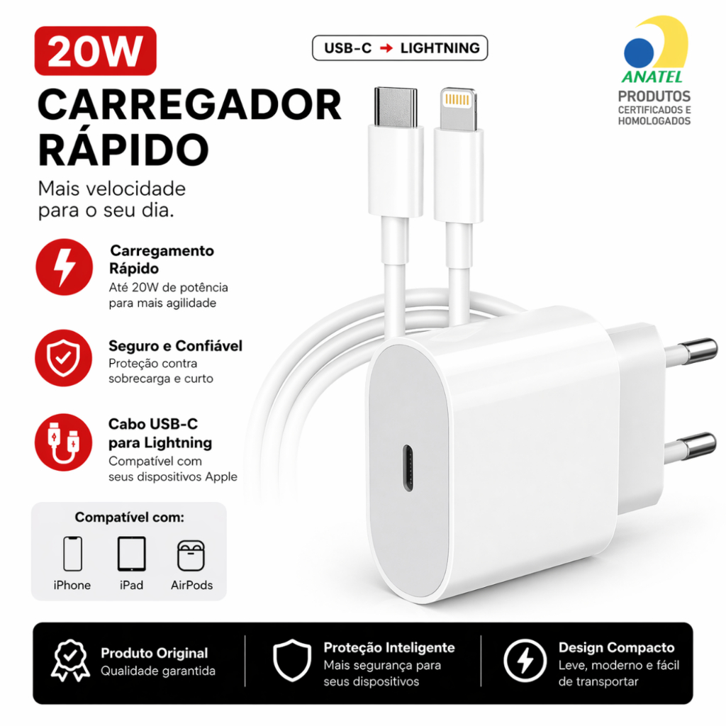 Carregador iPhone 20w Turbo Completo Usb C Lightning Compatível Xr 11 12 13 14 Pro Max