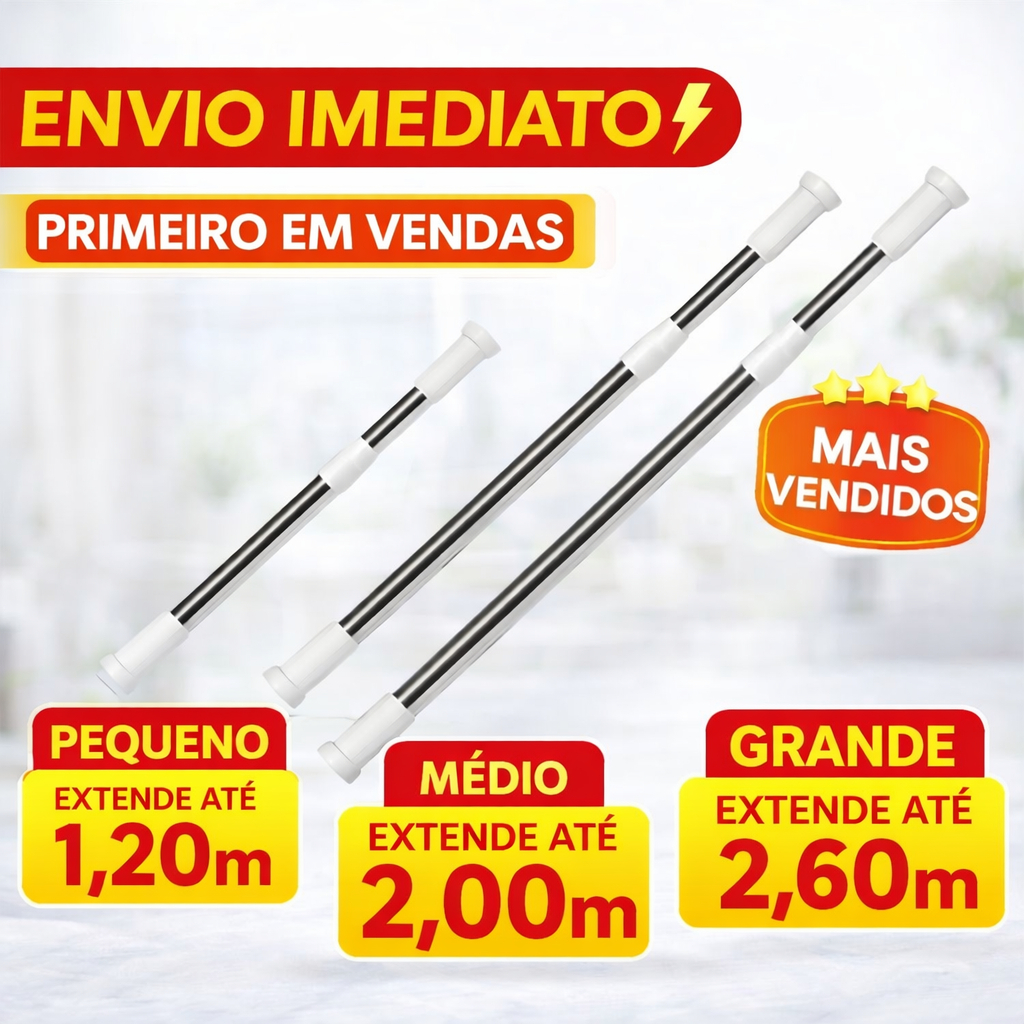 Varão de Parede Retrátil Extensível Inox Cortina Pia de Cozinha, Cortina Box Banheiro, Cortina de Porta
