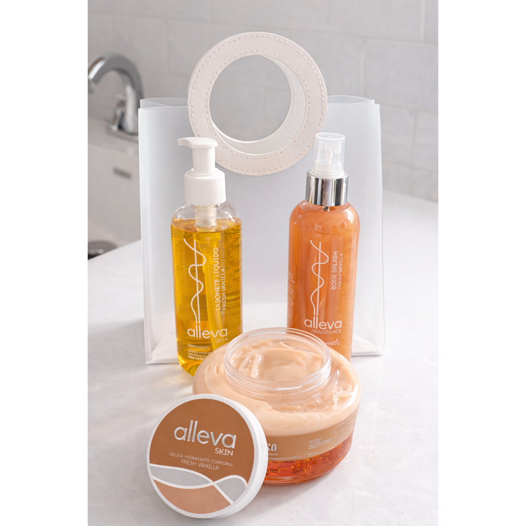 Kit Geleia body splash e Sabonete Alleva com Sacolinha Pele Macia, Perfumada e Iluminada