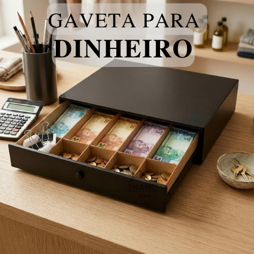 Gaveta Organizadora de Dinheiro MDF Preto 38x26x7 cm Comércio Pequeno Caixa Facilita Troco