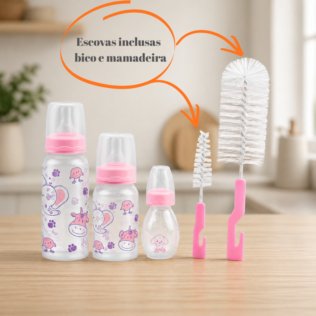 Kit Mamadeira Bebê 5 Peças + Escova Inclusa