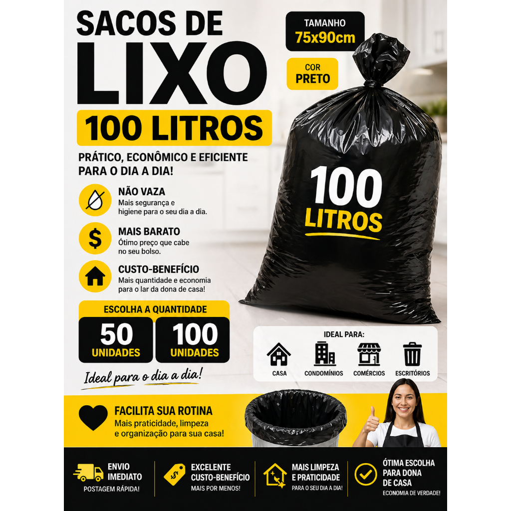 Saco de lixo 100 Litros com 100/50 unidades preto frete grátis Direto da fábrica