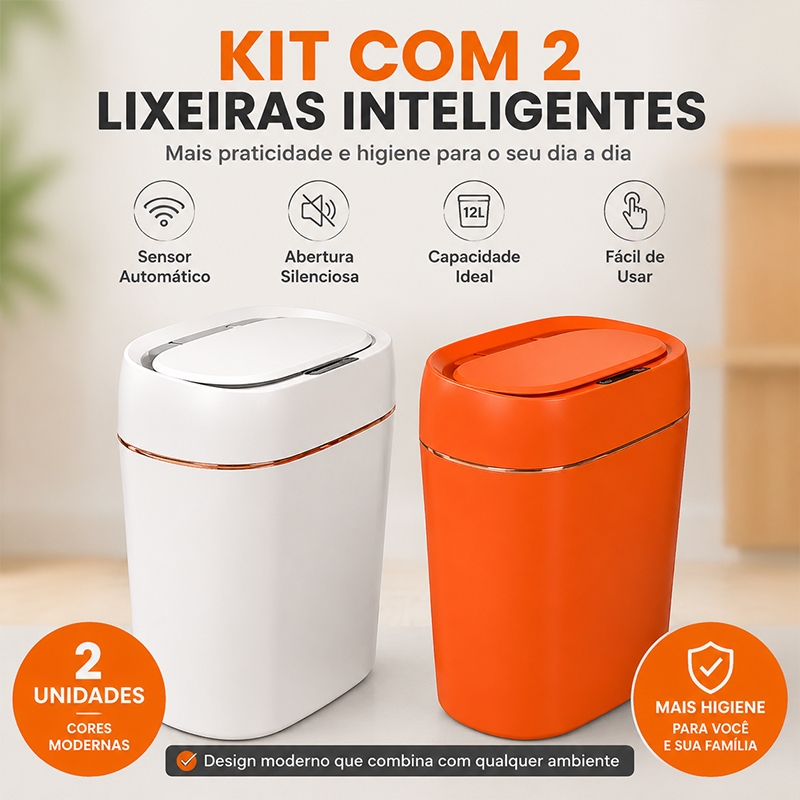 Lixeira com Sensor de Proximidade 13 Litros Tampa Automática Sem Toque Recarregável - Kit com 2 Unidades GABI