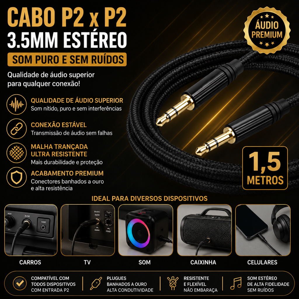 CABO P2 MACHO X P2 MACHO 3.5MM ESTÉREO 1,5 METROS  QUALIDADE DE ÁUDIO CONEXÃO ESTÁVEL CARROS TV SOM CAIXINHA