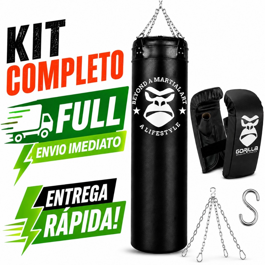 Kit Treino Saco de Pancada 120Cm Profissional + Luva Bate Saco Adulto Boxe Qualidade Gorilla