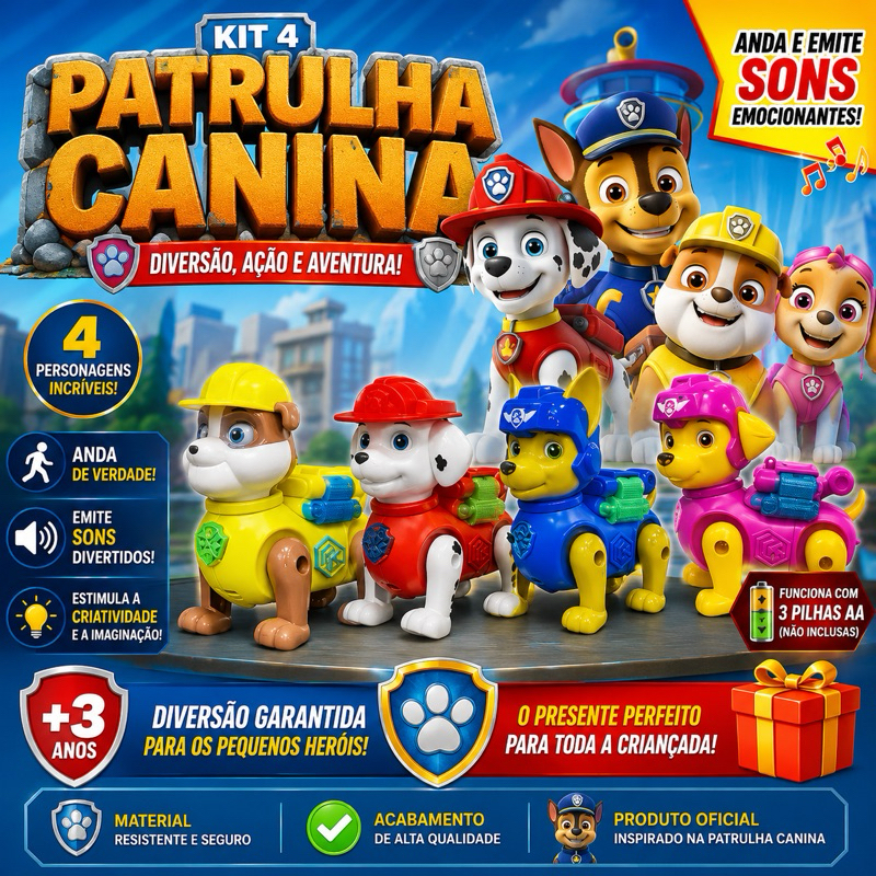 🐶🚓 KIT 4 PERSONAGENS PATRULHA CANINA ROBÔ COM SOM E MOVIMENTO 🚓🐶