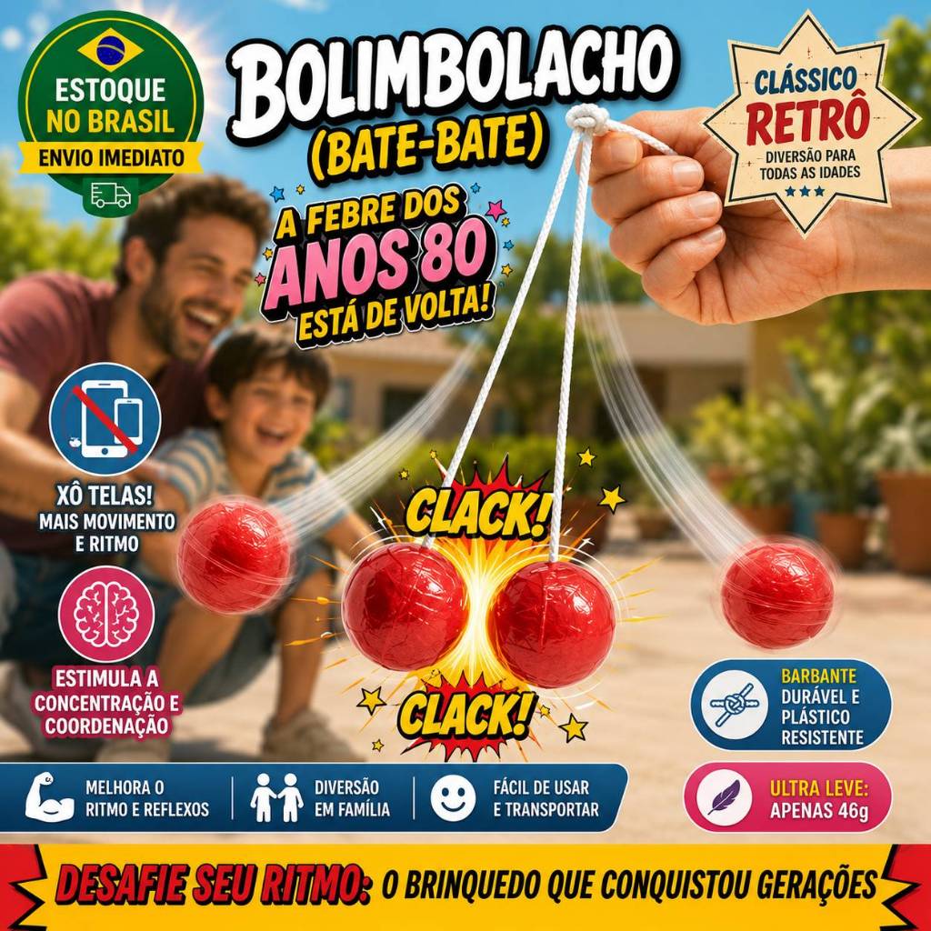 Brinquedo Bate Bate Bolimbolacho Retro Anos 80 Clássico Nostalgia Divertido Coordenação Motora Brinde