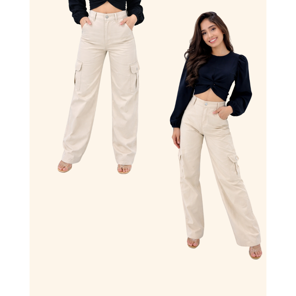 Calça Cargo bege feminina Juvenil Wide leg bolsos laterais moderna confortável estilosa