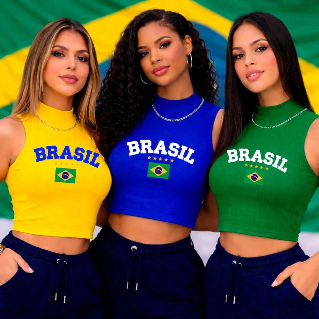 Cropped Gola Alta Canelado Regata P ao G3 ESCRITO BRASIL Moda Verão Blusinha Feminino