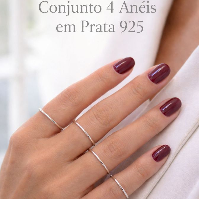 Anel Prata 925 Feminino Conjunto 4 peças Redondo Liso Ajustáveis Reguláveis