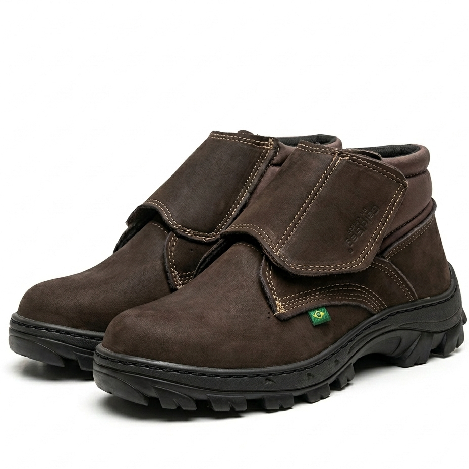 Bota botina velcro couro trabalho serviço com bico P.V.C resistente leve