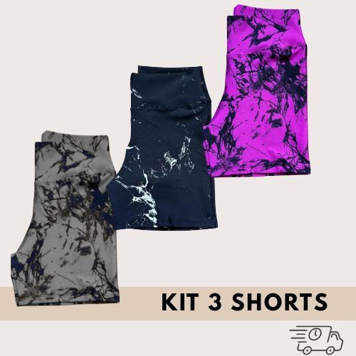 Kit 3 Shorts Feminino Academia Marmorizado Fitness Degrade Crossfit Cintura Alta