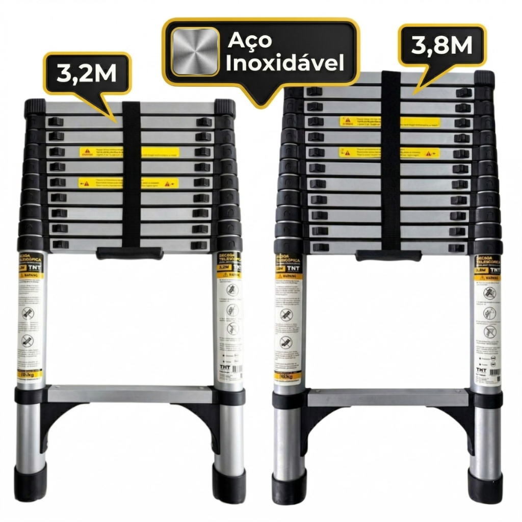 Escada Telescópica TNT Aço Inox (3,2m/3,8m) Retrátil, Fácil de Guardar, Portátil, Extensível