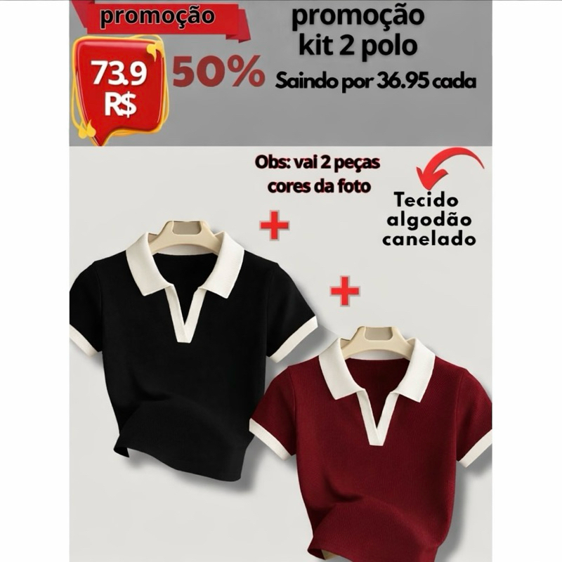 Kit Camisas Polo Ribana Canelada Bicolor Feminina Elegante Versátil