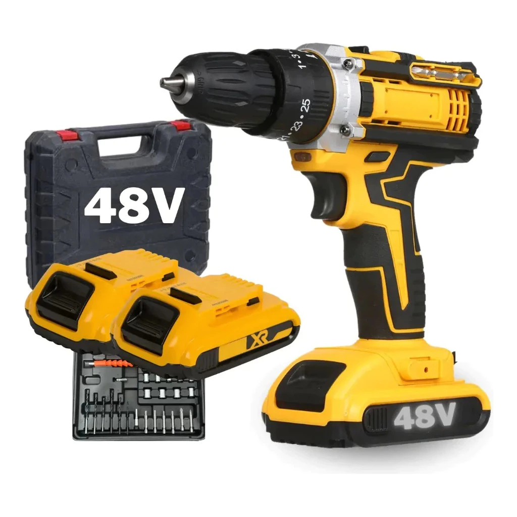Parafusadeira Furadeira de Elétrica Sem Fio Impacto 48V Bateria 3 funções Kit Completo Acessórios