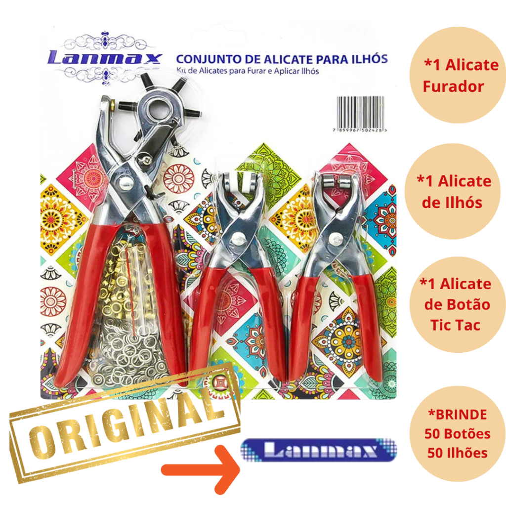 Alicate Profissional Ilhós + Botão Tic Tac + Furador Lanmax | Kit Completo Artesanato Couro Tecido Bolsa DIY + 50 Peças
