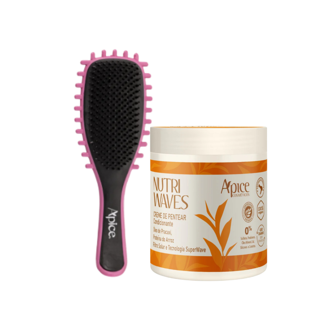 Kit Definição de Cachos Fitagem Gringa com Escova e Creme Pentear Nutri Waves 500g Anti Frizz Apice