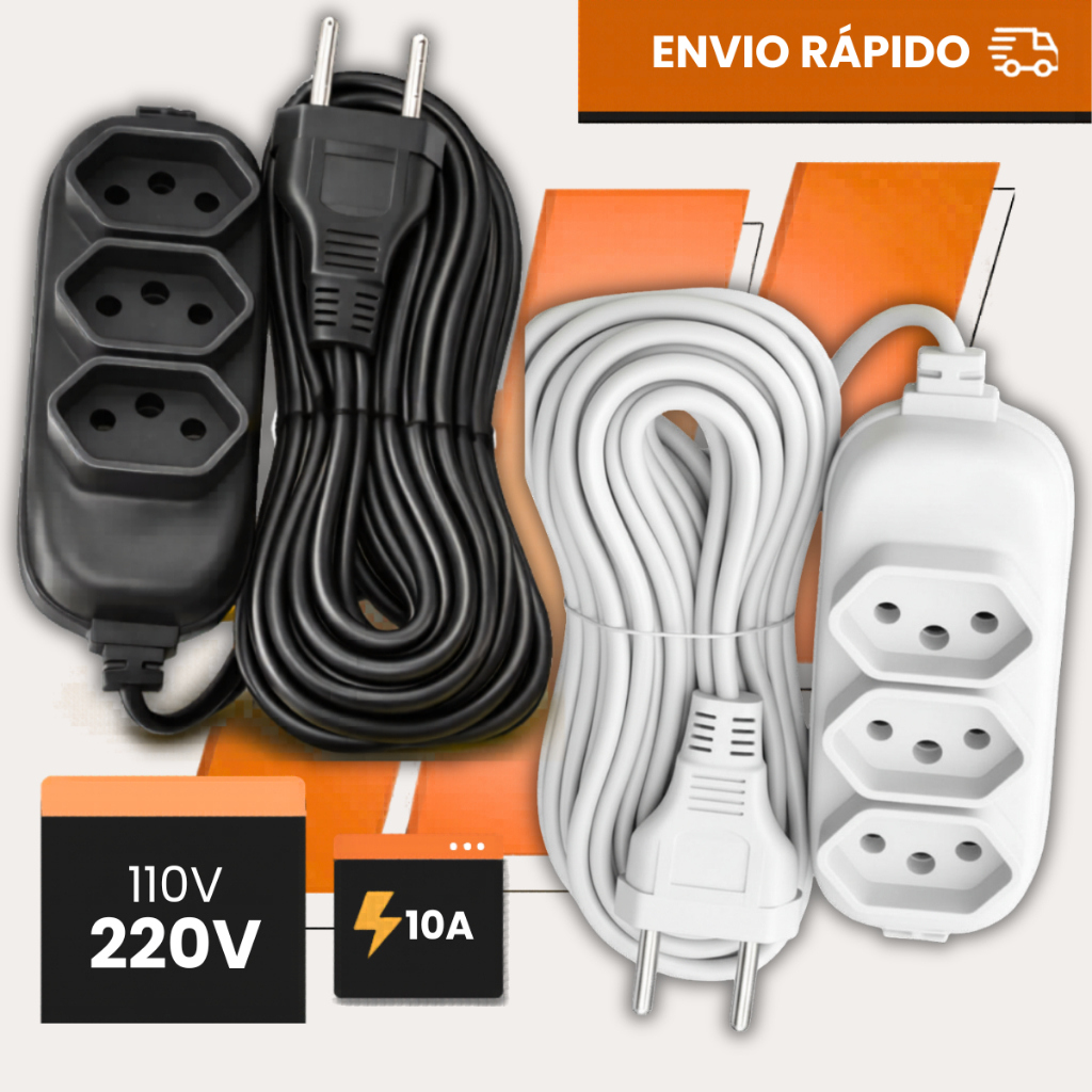 Extensão de Energia 10A Bivolt 110/220V 2m 3m 5m 10m Tripolar Preta Durável