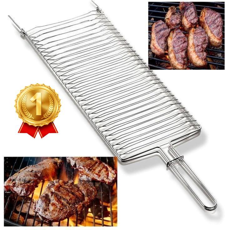 Grelha Folha Dupla Abaulada Pequena Premium 53 x 16 churrasco Peixe Frango Linguiça Aço Abre e Fecha