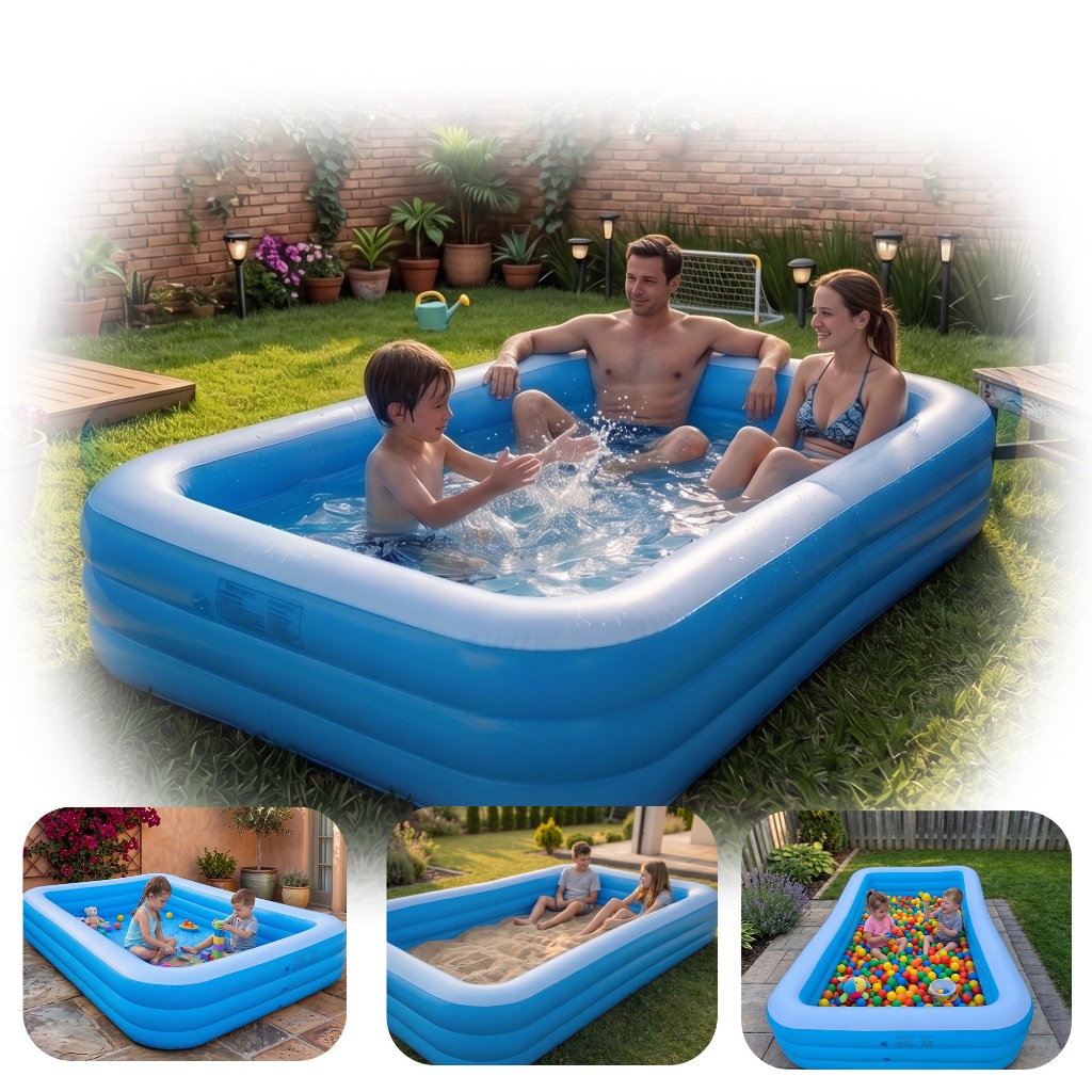 Piscina Inflável Retangular 3 Camadas 712 Litros com Kit Reparo tamanho: adultos e crianças 100% seguro com Selo Inmetro