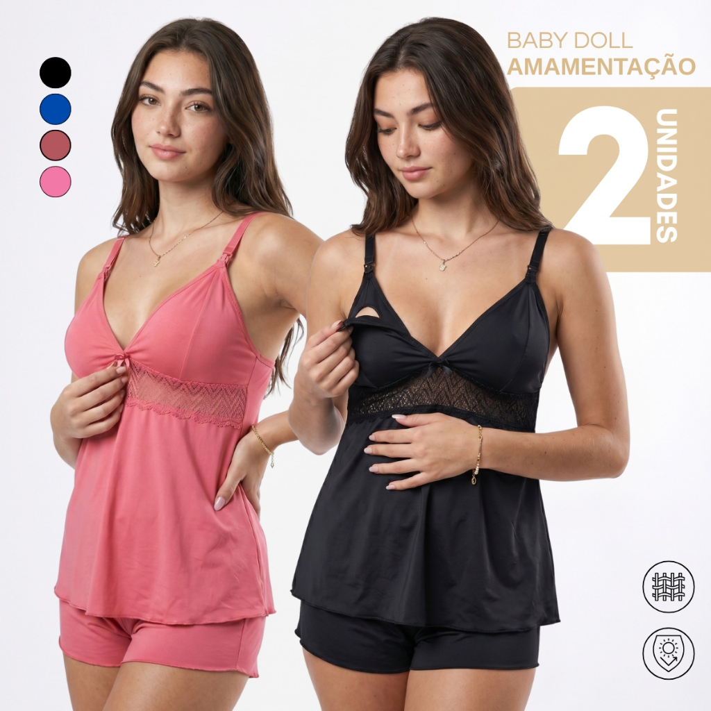 Kit 2 Baby Doll Amamentação Com Click Abre Fácil Gestante Pós Parto Pijama Para Amamentar Com Renda