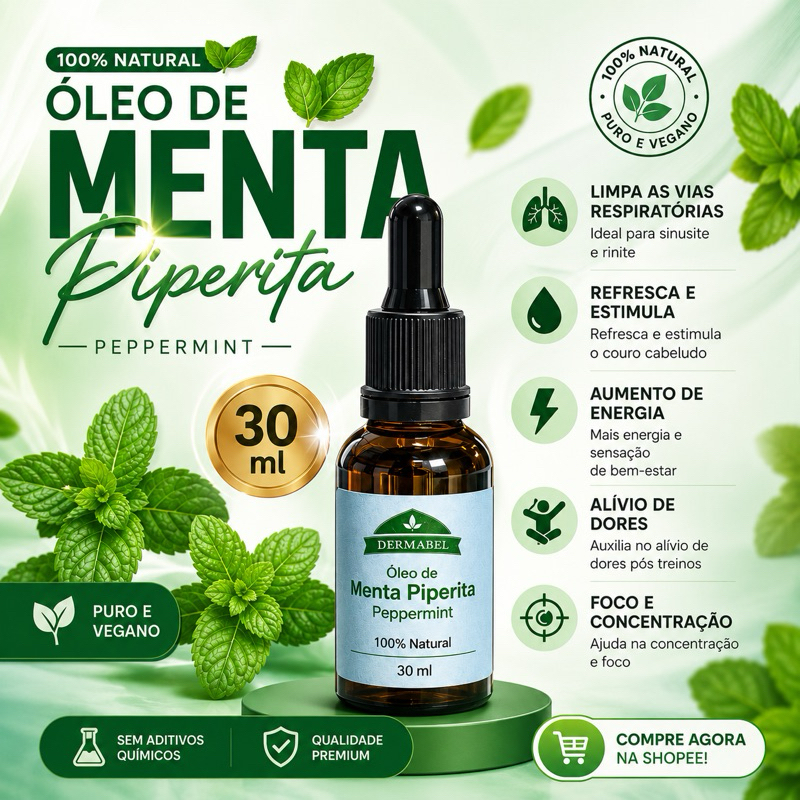 Óleo de Menta Piperita Peppermint 30ml 100% Natural Trata Sinisite, Renite, Resfriado  Energia Bem-Estar Derrmabel