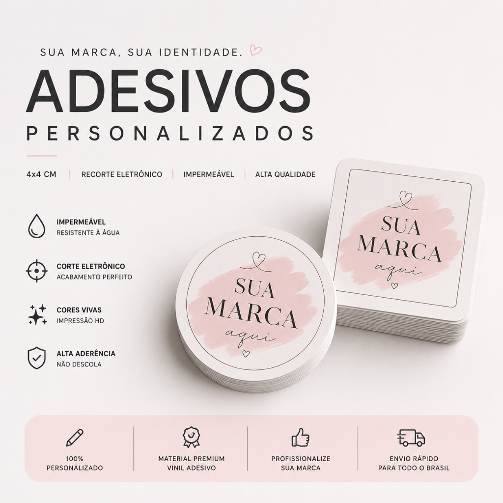 ADESIVO PERSONALIZADO 4x4 CM | RECORTE ELETRÔNICO | IMPERMEÁVEL | LOGO DA SUA MARCA