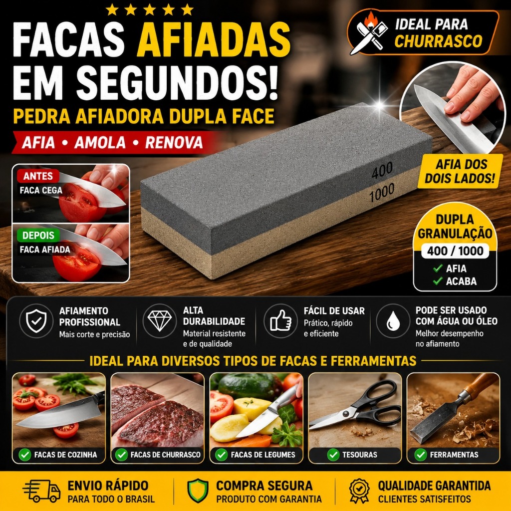 Pedra Afiadora Dupla Face Para Facas Churrasco Cozinha Profissional