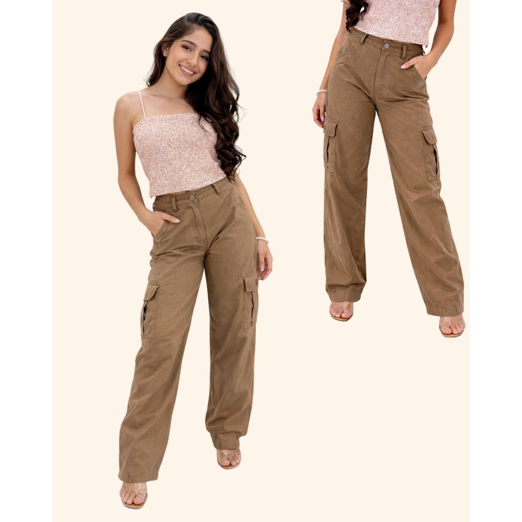 Calça Cargo caqui feminina Juvenil Wide leg bolsos laterais moderna confortável estilosa